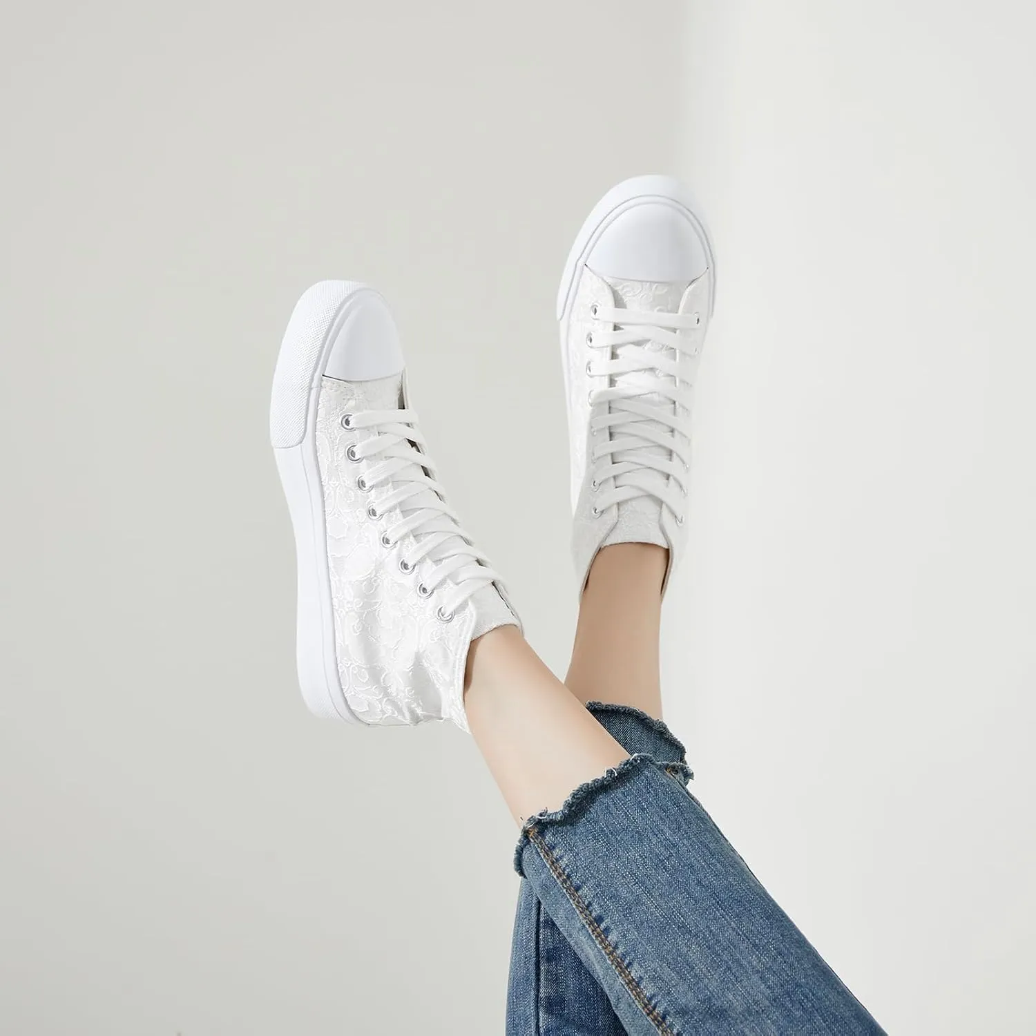 BENPAO Women's High Top Canvas Sneakers, Floral Embroidered Fashion Tennis Shoes - White Breathable Casual Walking Shoes