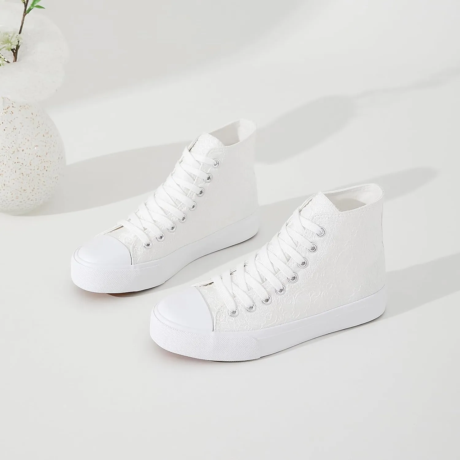 BENPAO Women's High Top Canvas Sneakers, Floral Embroidered Fashion Tennis Shoes - White Breathable Casual Walking Shoes