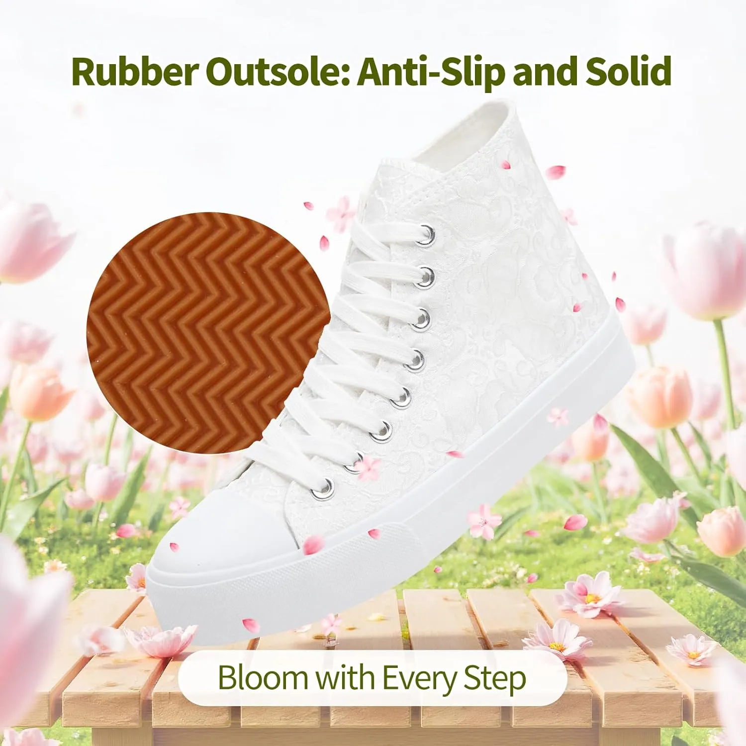 BENPAO Women's High Top Canvas Sneakers, Floral Embroidered Fashion Tennis Shoes - White Breathable Casual Walking Shoes