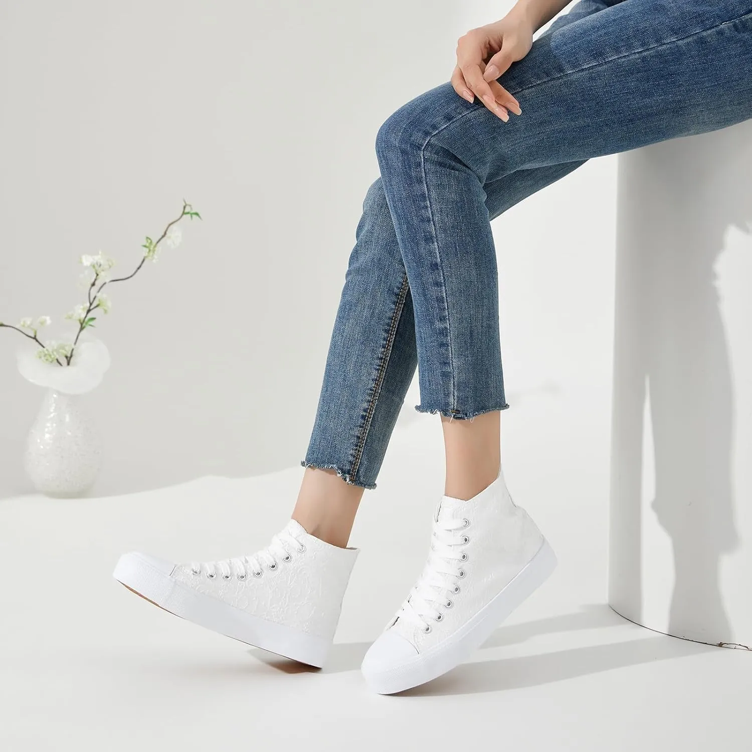 BENPAO Women's High Top Canvas Sneakers, Floral Embroidered Fashion Tennis Shoes - White Breathable Casual Walking Shoes