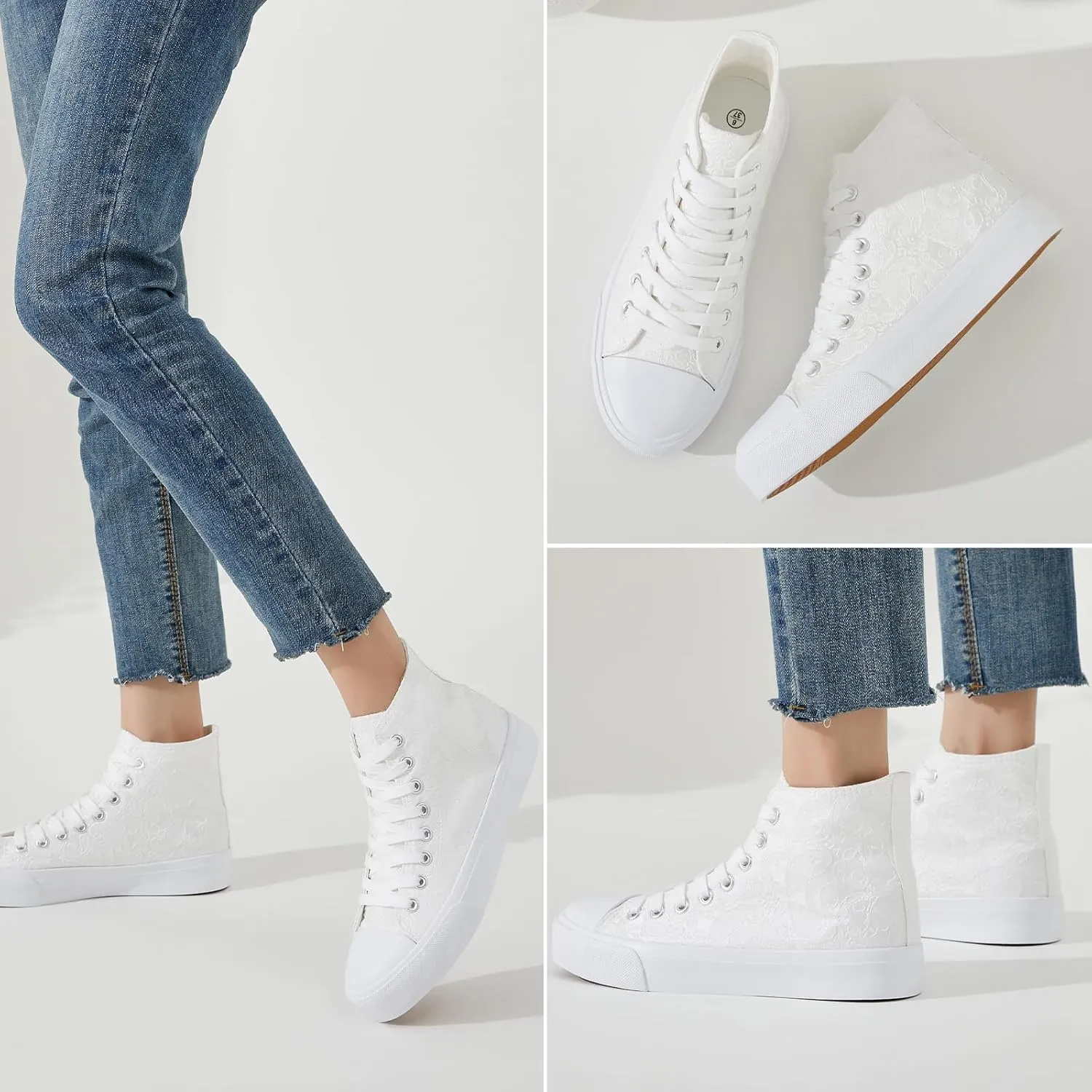 BENPAO Women's High Top Canvas Sneakers, Floral Embroidered Fashion Tennis Shoes - White Breathable Casual Walking Shoes