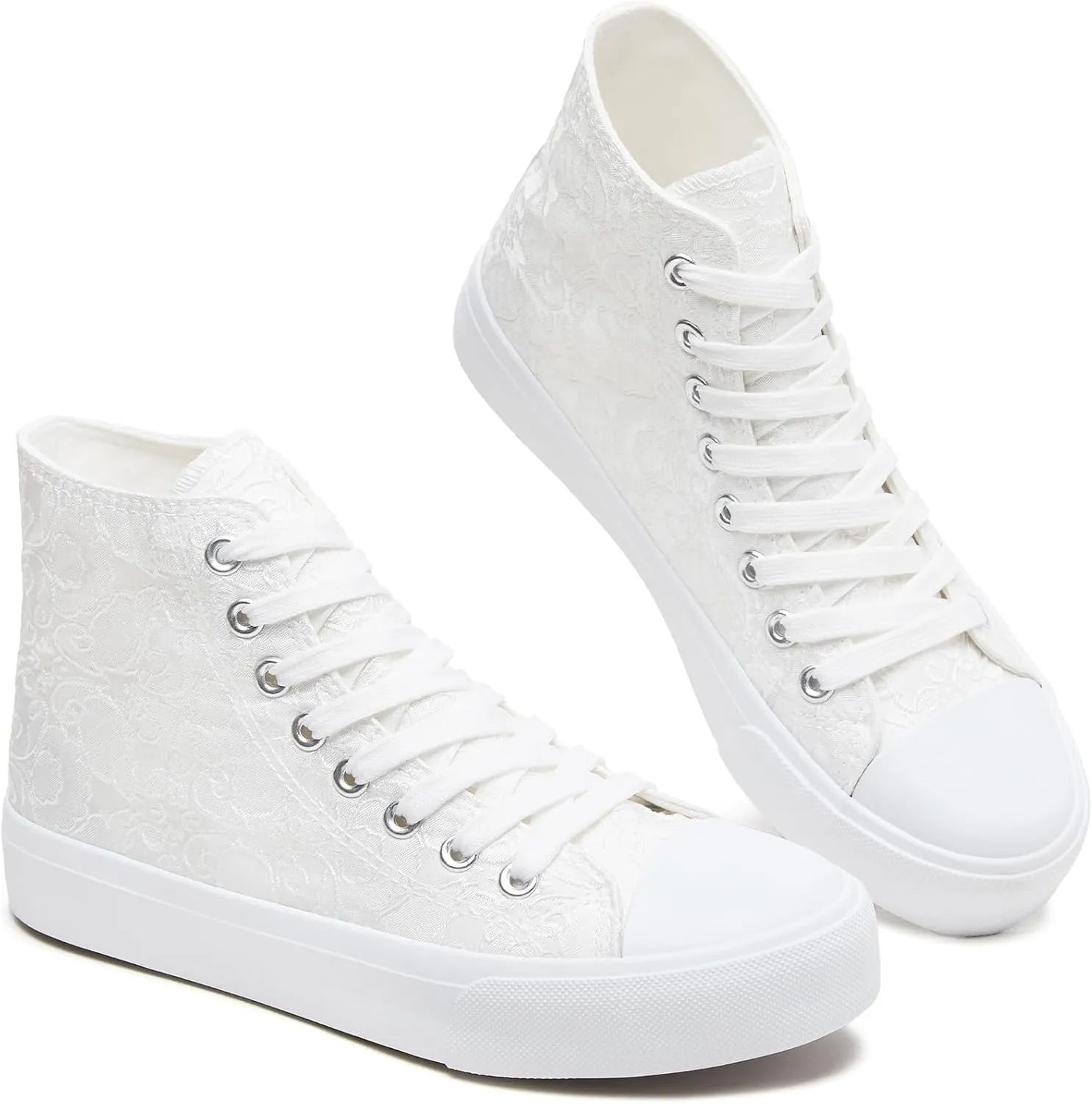 BENPAO Women's High Top Canvas Sneakers, Floral Embroidered Fashion Tennis Shoes - White Breathable Casual Walking Shoes