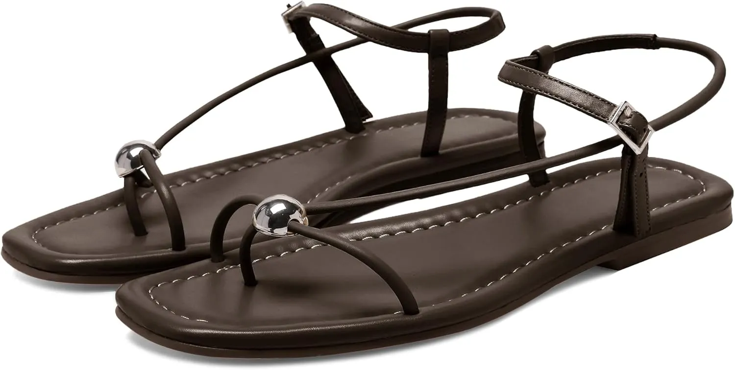 Black Flat Sandals for Women with Buckle Strappy Comfortable Silver Ball Square Open Toe Beach Thong Flip Flop Sandals Ring Toe Wedding Dress Shoes for Women.