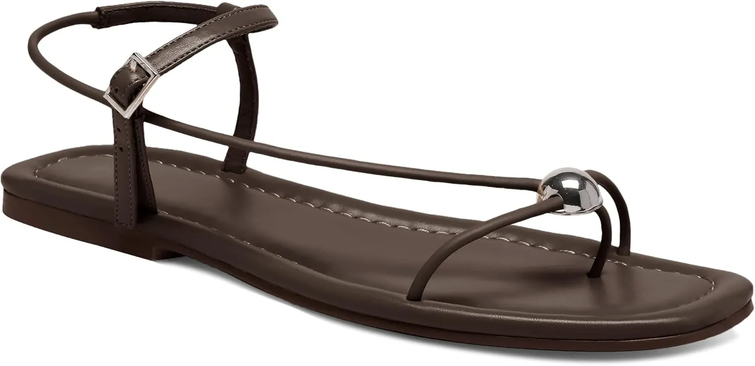 Black Flat Sandals for Women with Buckle Strappy Comfortable Silver Ball Square Open Toe Beach Thong Flip Flop Sandals Ring Toe Wedding Dress Shoes for Women.