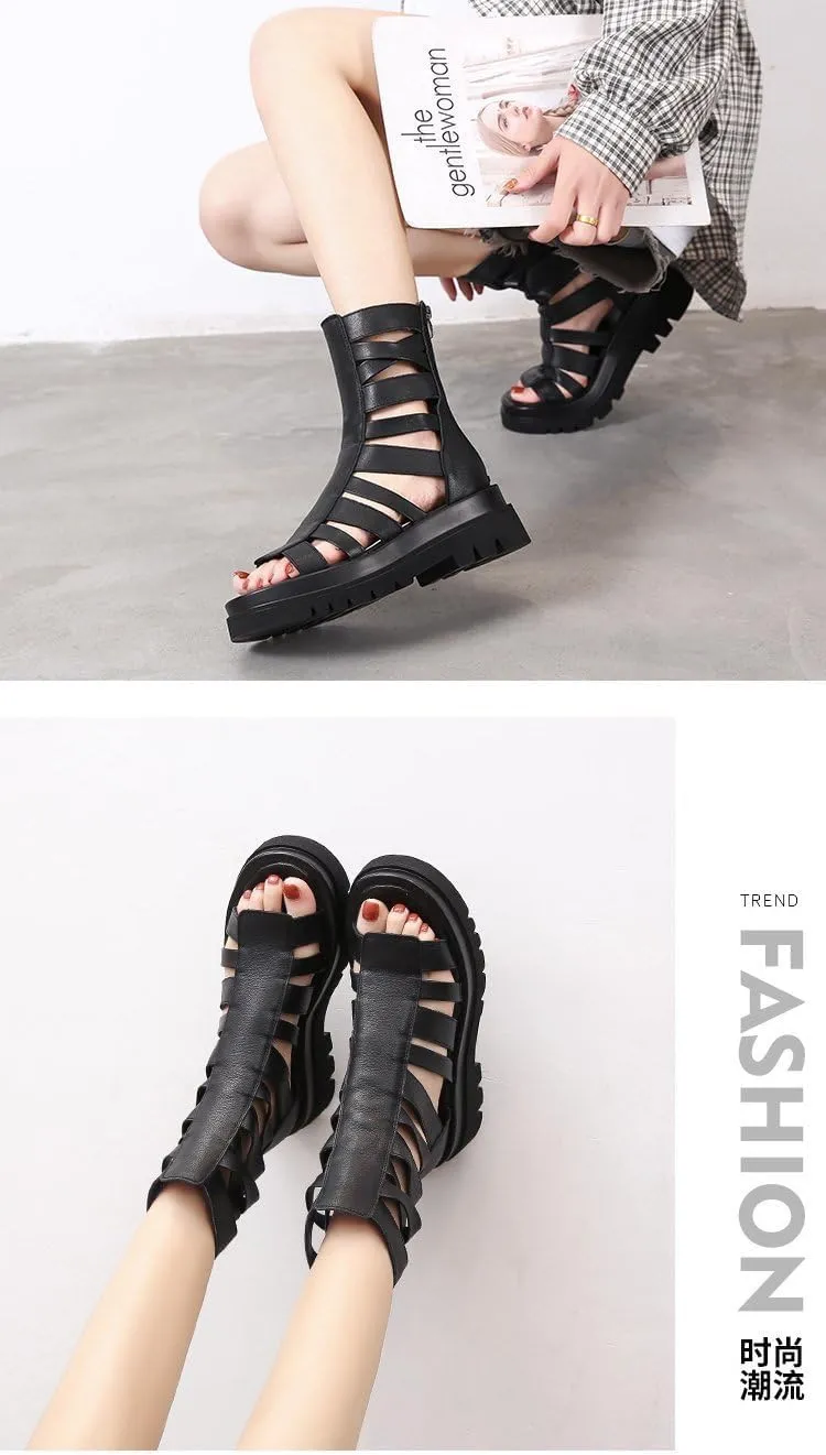 Black Rave Boots Festivals Comfy Platform Shoes Beach Sandals for Women Cute Emo Grunge Fashion Whimsy Goth Cowgirls Booties for Gothic Girls Parties Summer Cruise Holiday Vacation