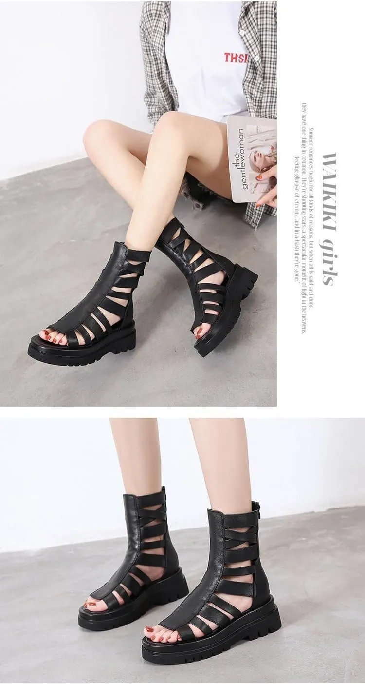 Black Rave Boots Festivals Comfy Platform Shoes Beach Sandals for Women Cute Emo Grunge Fashion Whimsy Goth Cowgirls Booties for Gothic Girls Parties Summer Cruise Holiday Vacation