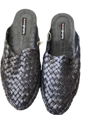 Black Woven Mules for Women – Handmade Criss Cross Slip-On Sandals, Black Flat Loafers, Casual Women’s Flats and Slippers