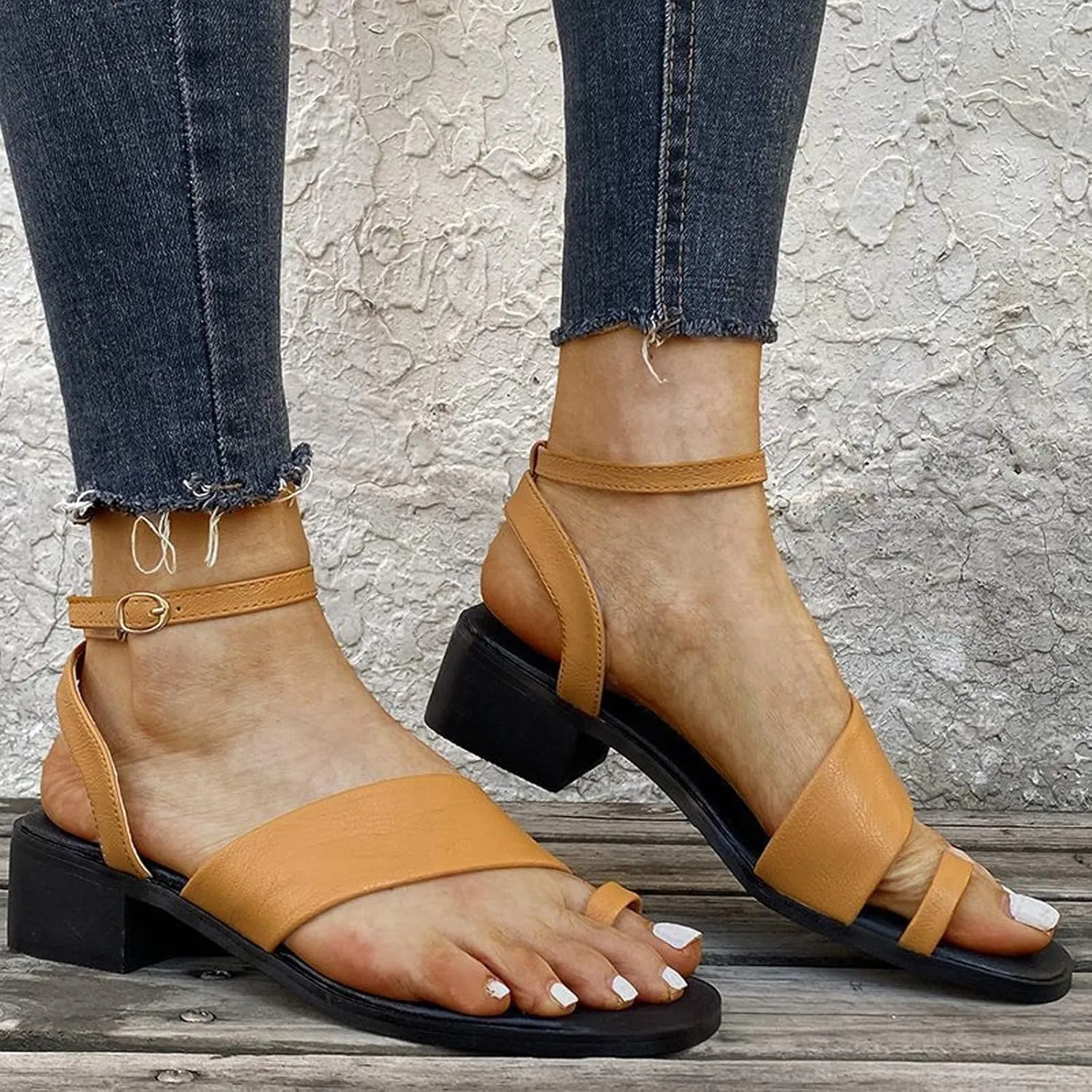 Block Heel Sandals for Women Dressy Summer Ankle Straps Toe Ring Open Toe Straps Mid-Heel One-line Buckle Slippers Comfy Casual Outdoor Shoes