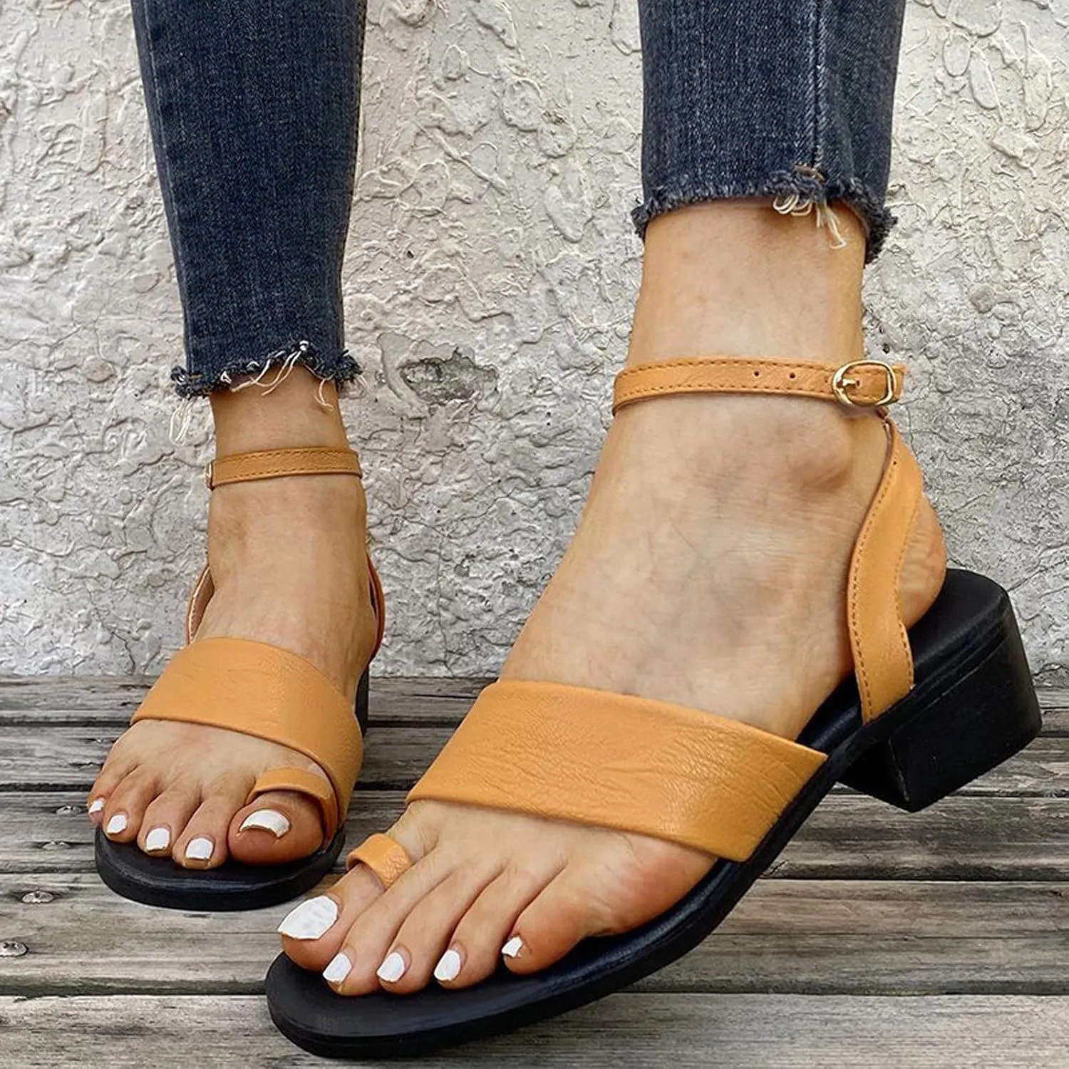 Block Heel Sandals for Women Dressy Summer Ankle Straps Toe Ring Open Toe Straps Mid-Heel One-line Buckle Slippers Comfy Casual Outdoor Shoes