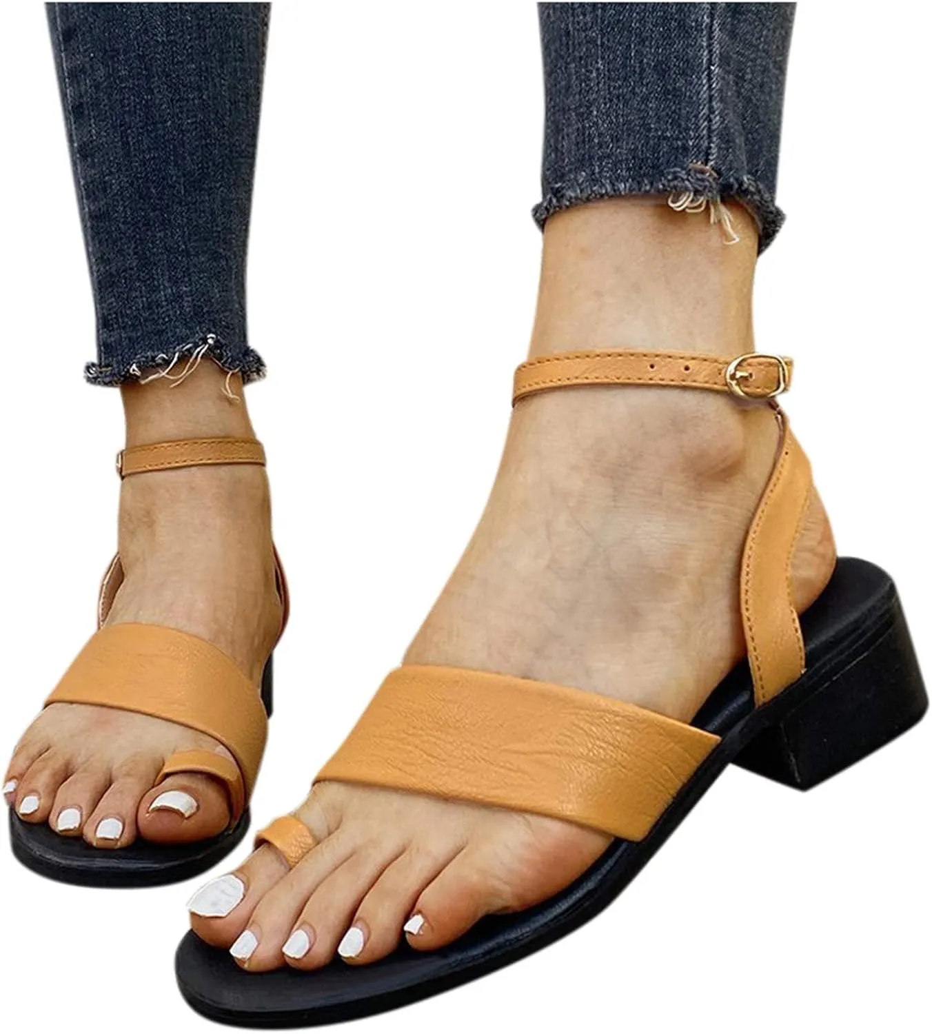 Block Heel Sandals for Women Dressy Summer Ankle Straps Toe Ring Open Toe Straps Mid-Heel One-line Buckle Slippers Comfy Casual Outdoor Shoes