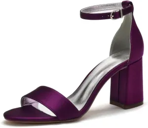 Block Heel Wedding Sandals Shoes for Bride Open Toe Satin Prom Evening Formal Party Sandal Heels 1151-1