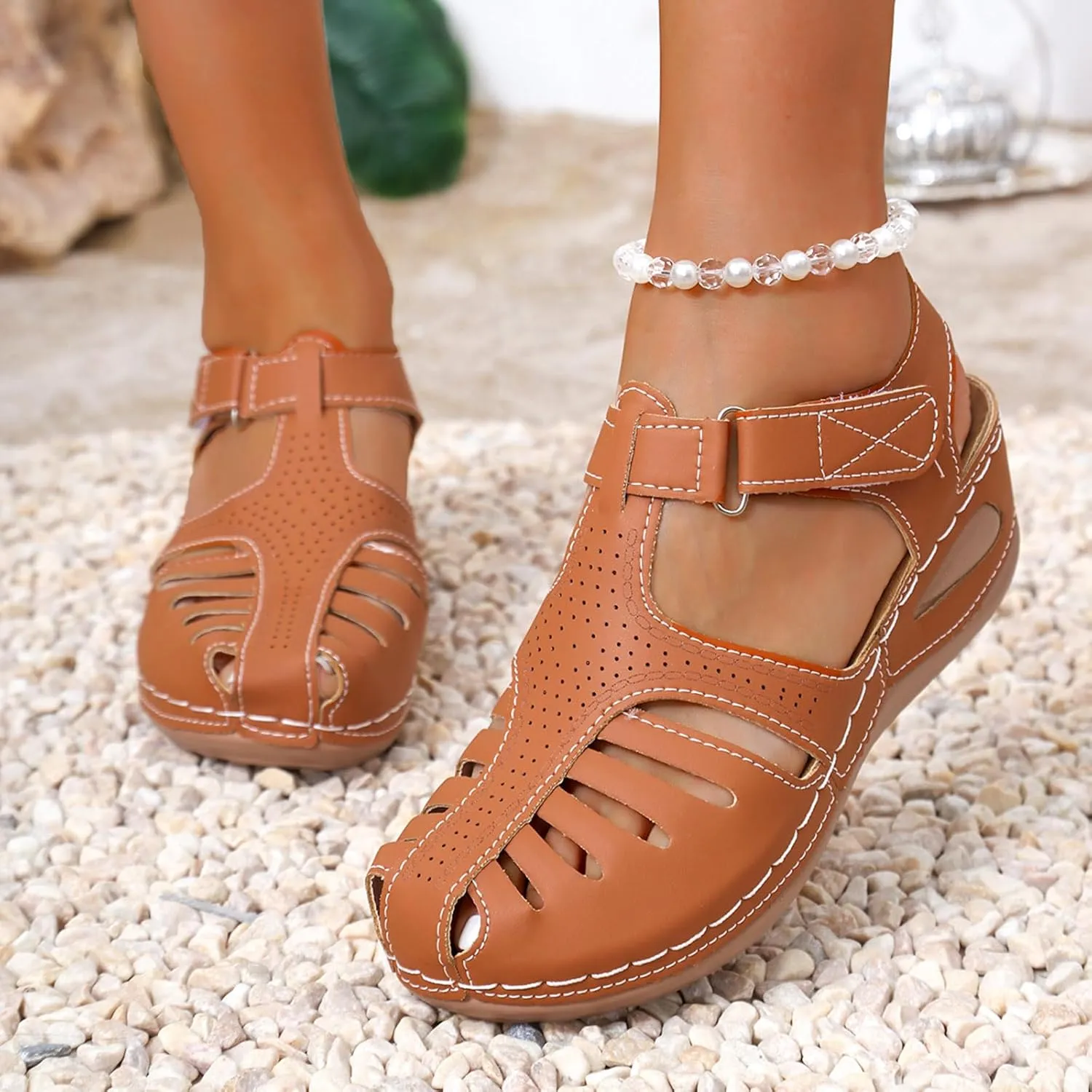 Bohemia Wedge Sandals for Women Summer 2025 - Women's Ankle Strap Causal Closed Toe Outdoor Boho Beach Athletic Platform Heel Arch Support Slip Sandals Adjustable Shoes