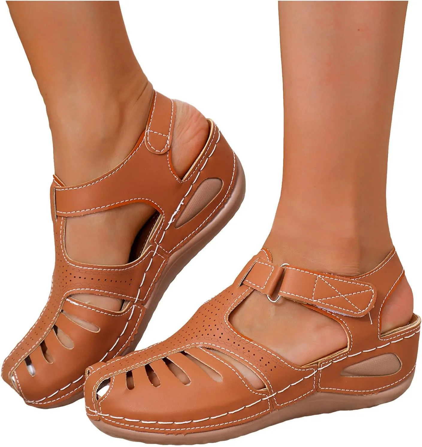 Bohemia Wedge Sandals for Women Summer 2025 - Women's Ankle Strap Causal Closed Toe Outdoor Boho Beach Athletic Platform Heel Arch Support Slip Sandals Adjustable Shoes