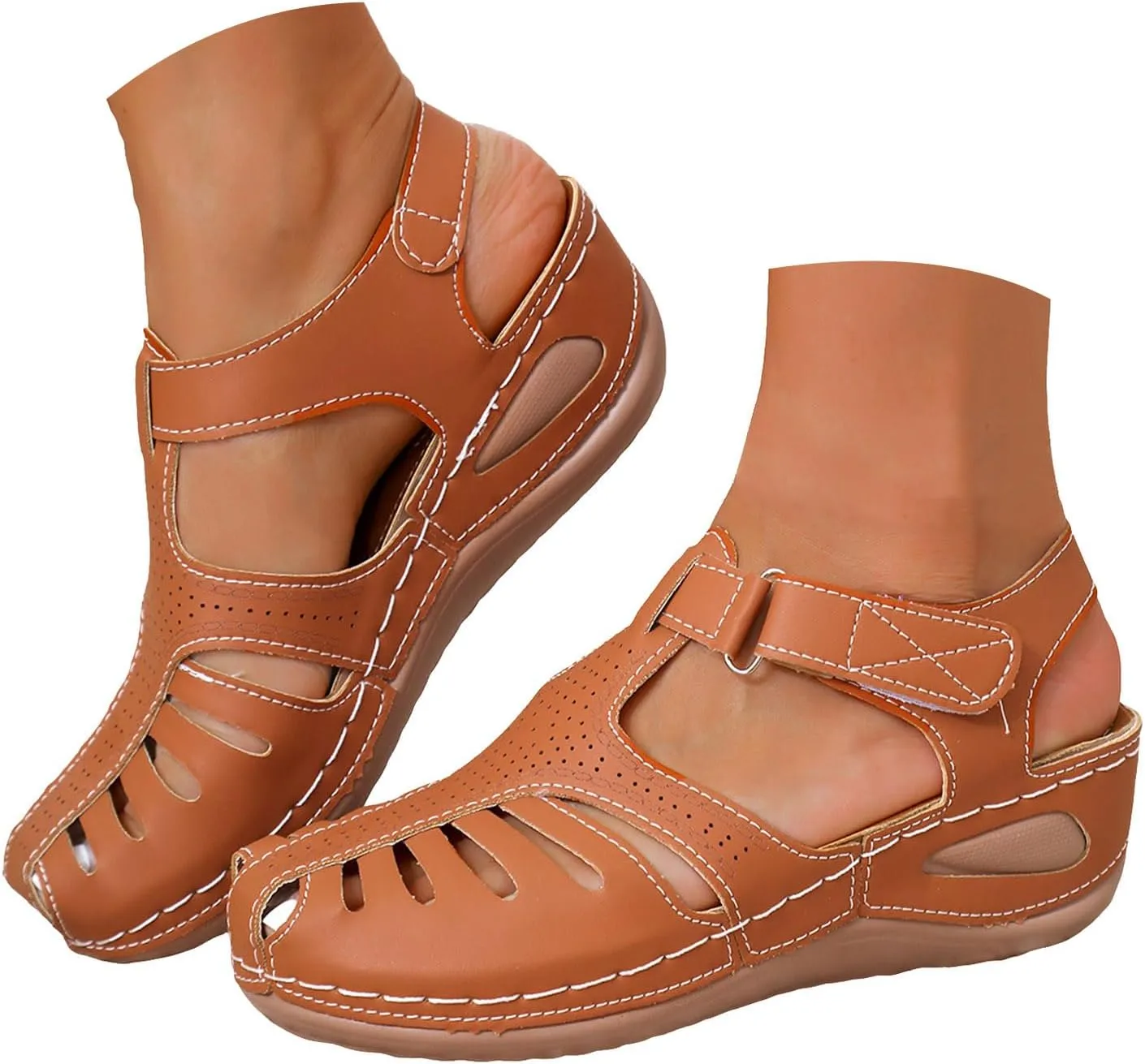 Bohemia Wedge Sandals for Women Summer 2025 - Women's Ankle Strap Causal Closed Toe Outdoor Boho Beach Athletic Platform Heel Arch Support Slip Sandals Adjustable Shoes