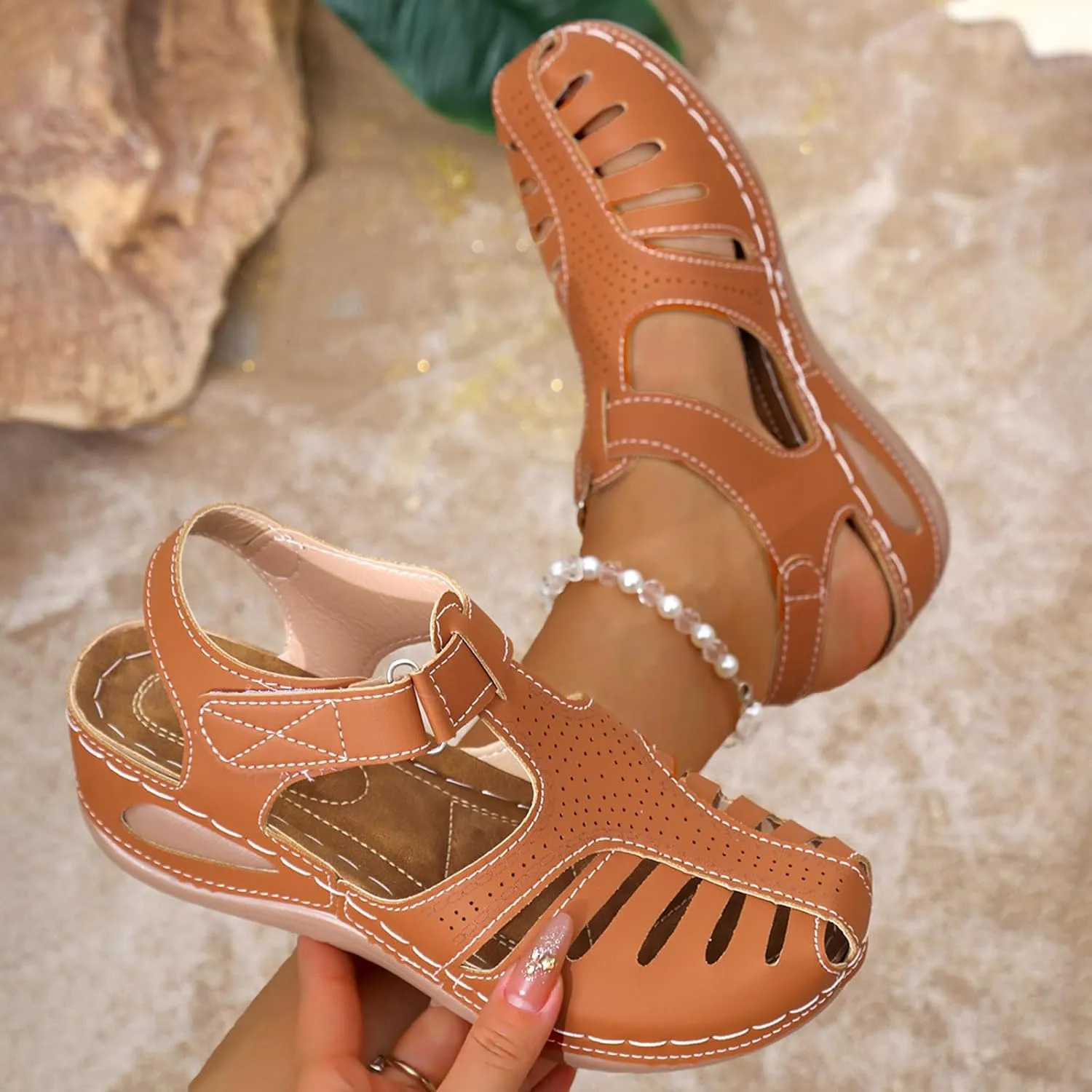 Bohemia Wedge Sandals for Women Summer 2025 - Women's Ankle Strap Causal Closed Toe Outdoor Boho Beach Athletic Platform Heel Arch Support Slip Sandals Adjustable Shoes