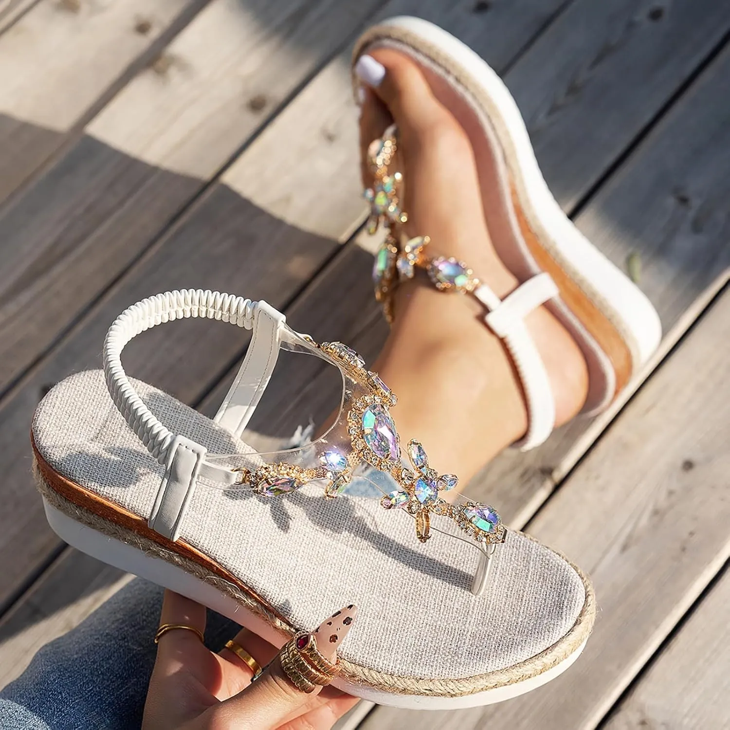 Bohemian Wedge Sandals for Women 2025 Beach Vacation Casual Walking Non Slip Woven Open Toe Elastic Ankle Strap Flip Flops Bohemian Woven Comfortable Walking Non Slip Shoes
