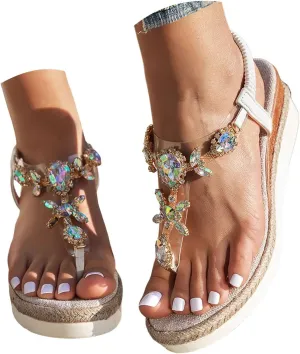 Bohemian Wedge Sandals for Women 2025 Beach Vacation Casual Walking Non Slip Woven Open Toe Elastic Ankle Strap Flip Flops Bohemian Woven Comfortable Walking Non Slip Shoes