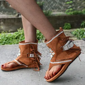 Boho Sandals for Women Roman Bead Gladiator Fringe Sandals Flat Clip Toe Ankle Boots Summer Suede Tassel Flip Flop Slippers