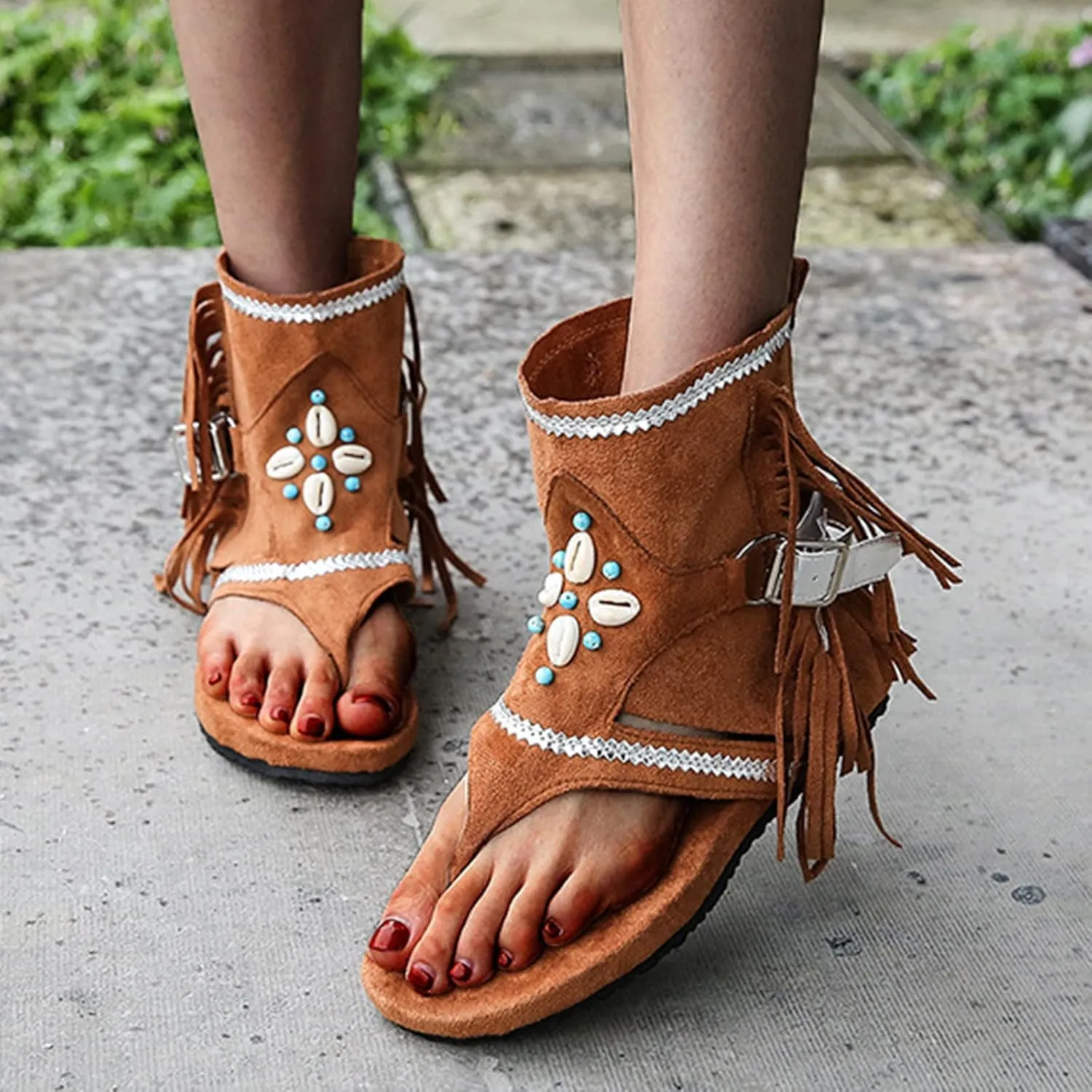 Boho Sandals for Women Roman Bead Gladiator Fringe Sandals Flat Clip Toe Ankle Boots Summer Suede Tassel Flip Flop Slippers