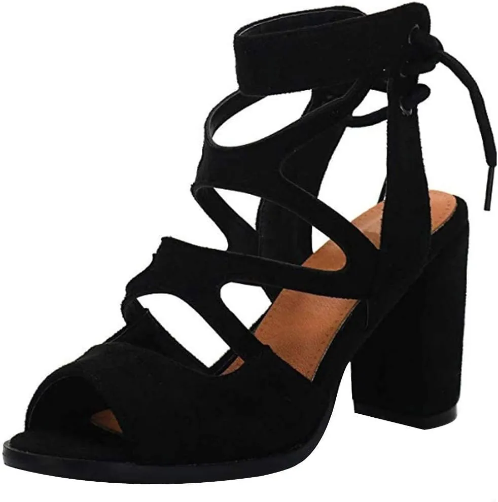BORAMAX Women's Open Toe Shoes Lace Up High Chunky Heel Roman Sandals Fashion Summer Evening Dress High Heel Sandal Shoes