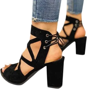 BORAMAX Women's Open Toe Shoes Lace Up High Chunky Heel Roman Sandals Fashion Summer Evening Dress High Heel Sandal Shoes