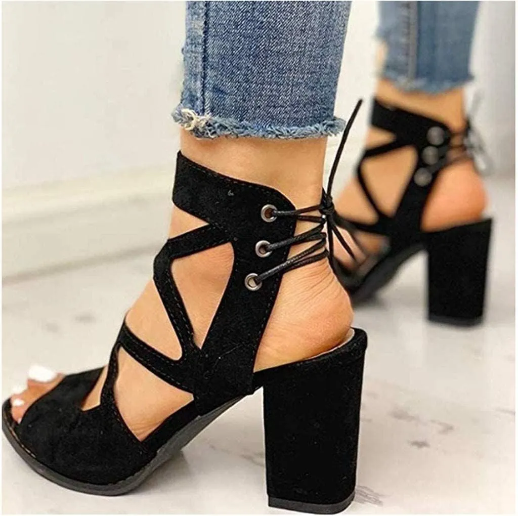 BORAMAX Women's Open Toe Shoes Lace Up High Chunky Heel Roman Sandals Fashion Summer Evening Dress High Heel Sandal Shoes