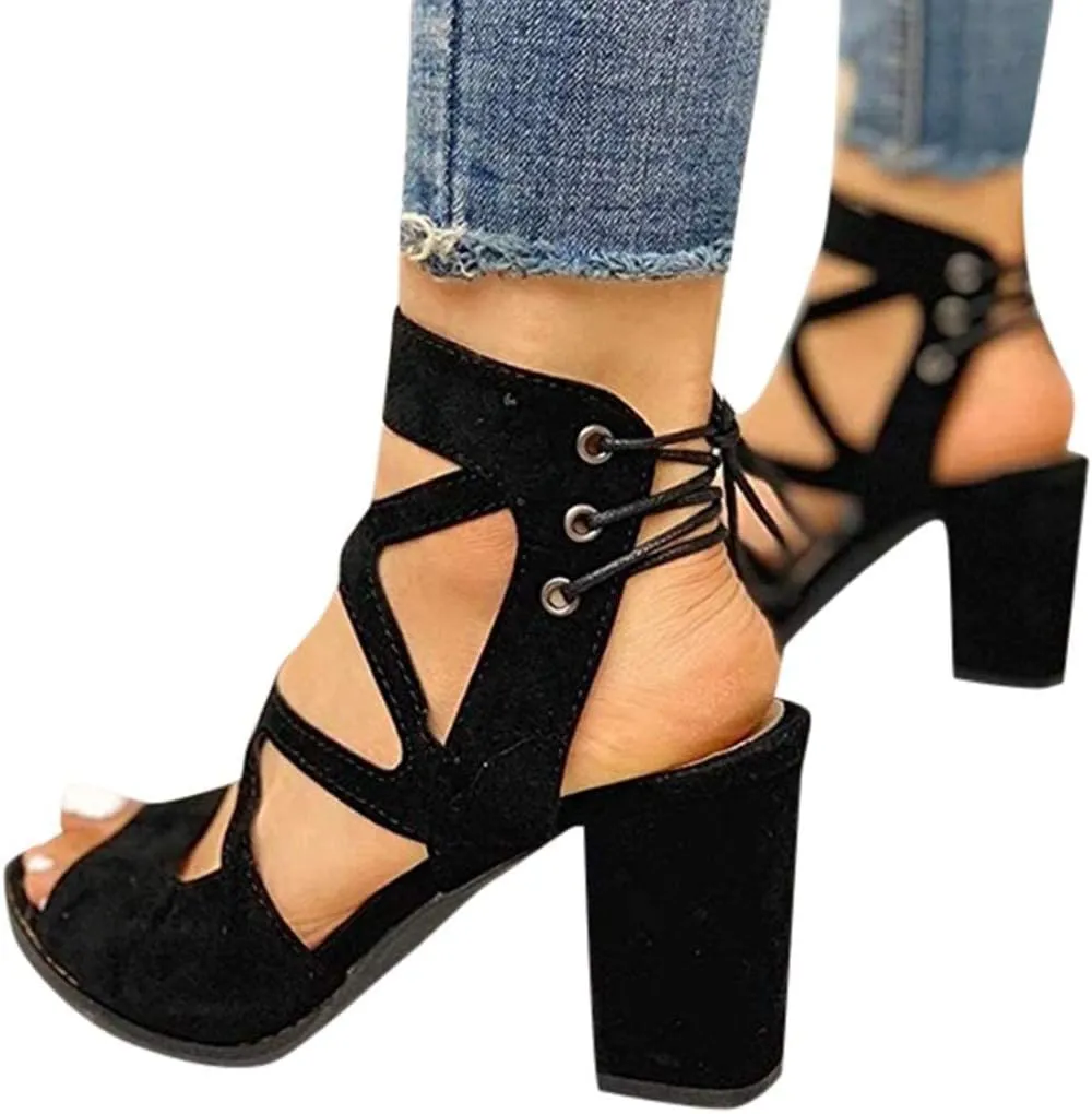 BORAMAX Women's Open Toe Shoes Lace Up High Chunky Heel Roman Sandals Fashion Summer Evening Dress High Heel Sandal Shoes