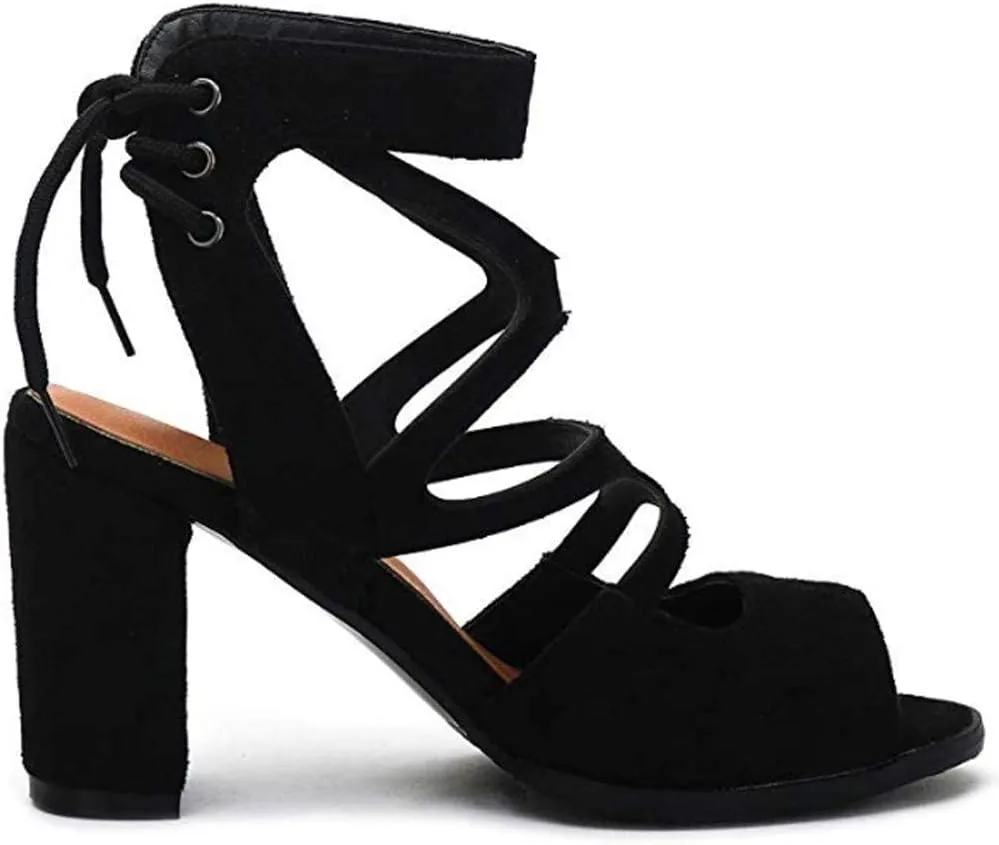 BORAMAX Women's Open Toe Shoes Lace Up High Chunky Heel Roman Sandals Fashion Summer Evening Dress High Heel Sandal Shoes