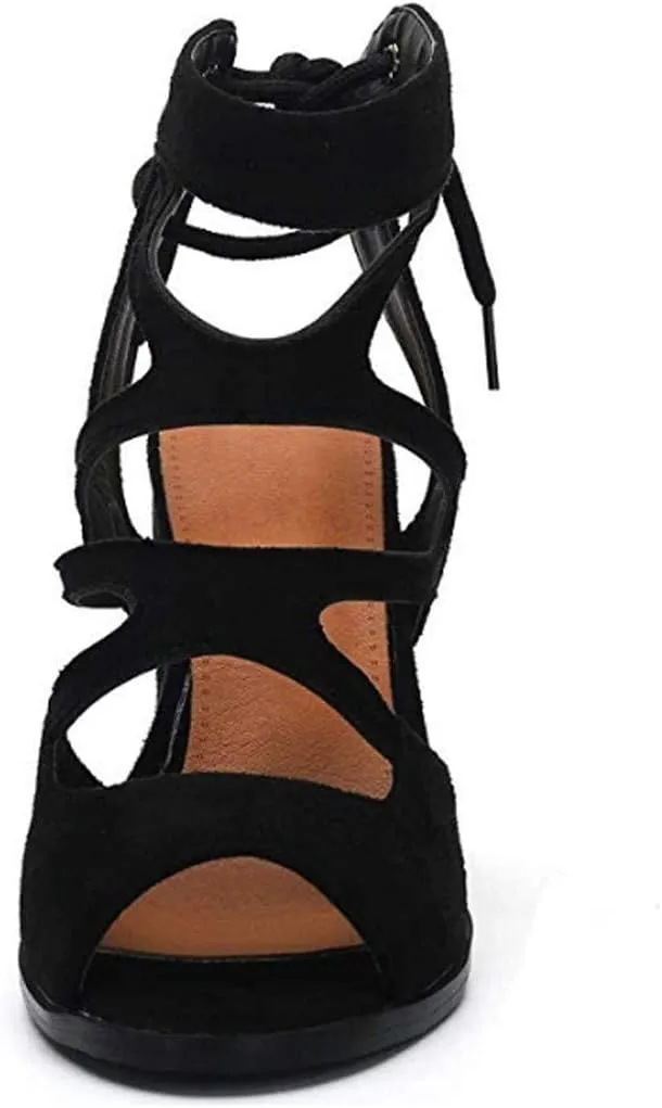 BORAMAX Women's Open Toe Shoes Lace Up High Chunky Heel Roman Sandals Fashion Summer Evening Dress High Heel Sandal Shoes