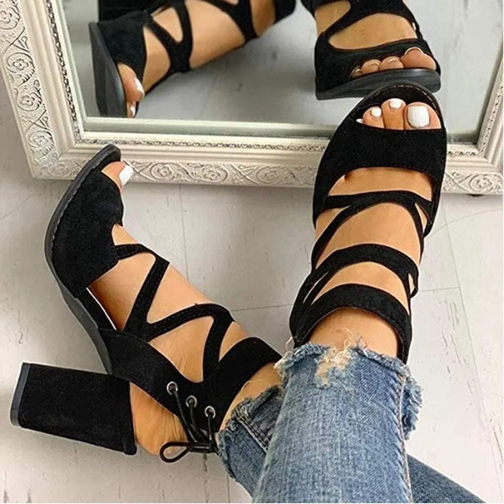 BORAMAX Women's Open Toe Shoes Lace Up High Chunky Heel Roman Sandals Fashion Summer Evening Dress High Heel Sandal Shoes