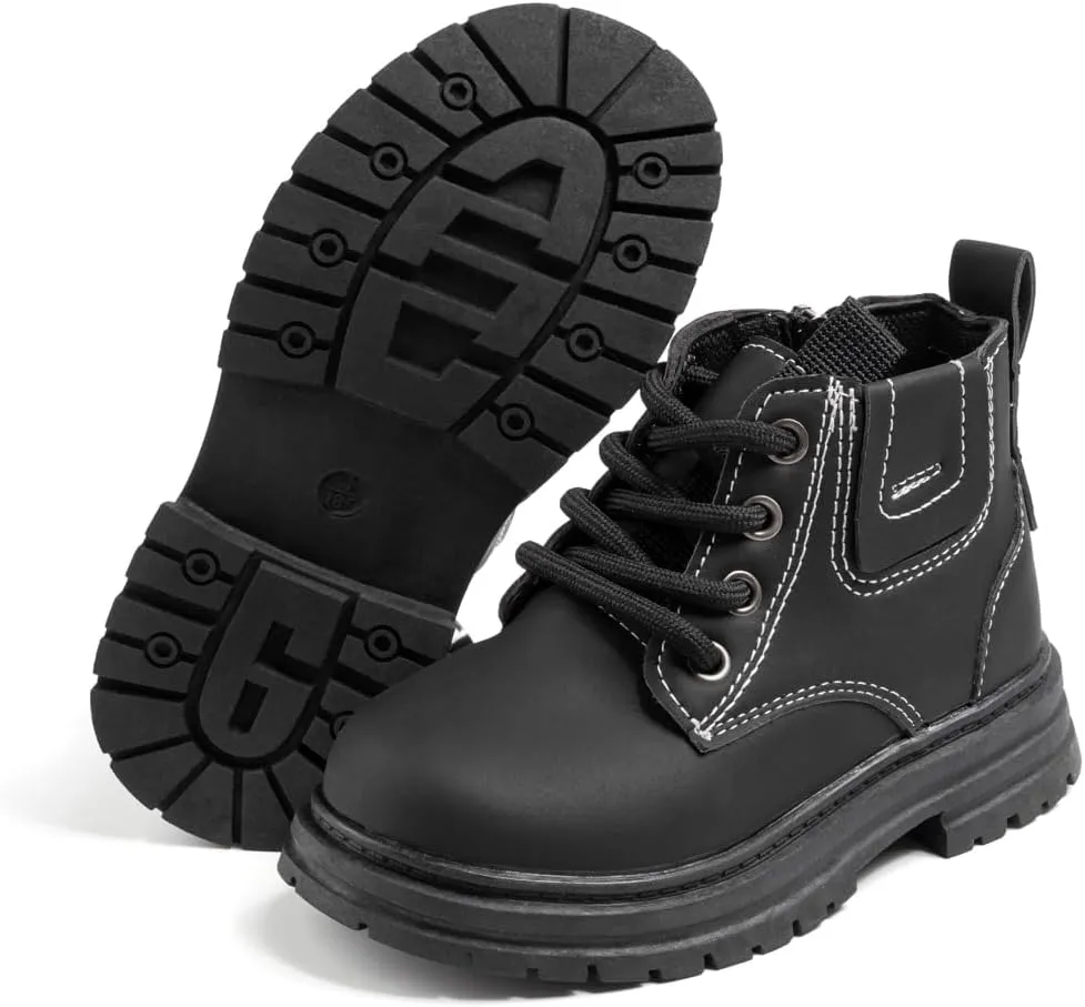 Boys Girls High Top Combat Ankle Boots Kids Waterproof PU Leather Fall Boots Winter Warm Snow Outdoor Hiking Shoes Toddler Non Slip Texture Soft Durable Walking Boot