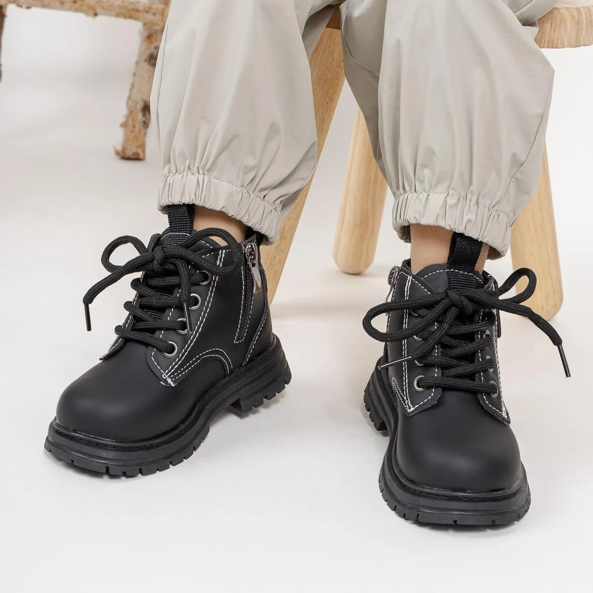 Boys Girls High Top Combat Ankle Boots Kids Waterproof PU Leather Fall Boots Winter Warm Snow Outdoor Hiking Shoes Toddler Non Slip Texture Soft Durable Walking Boot