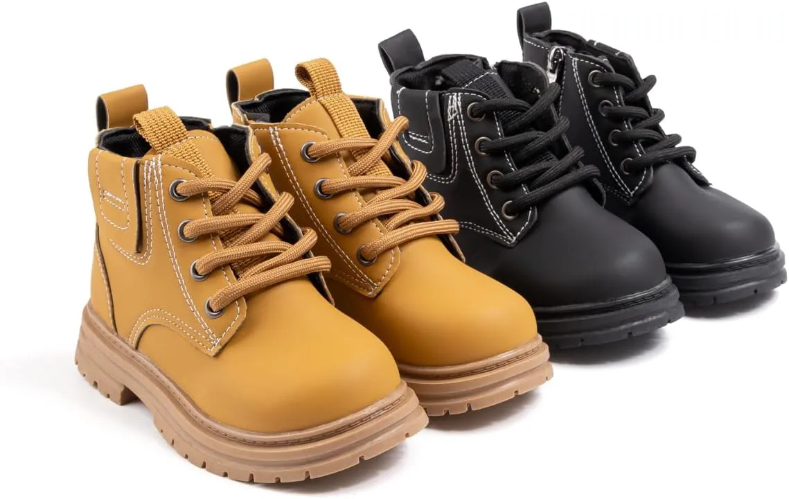 Boys Girls High Top Combat Ankle Boots Kids Waterproof PU Leather Fall Boots Winter Warm Snow Outdoor Hiking Shoes Toddler Non Slip Texture Soft Durable Walking Boot