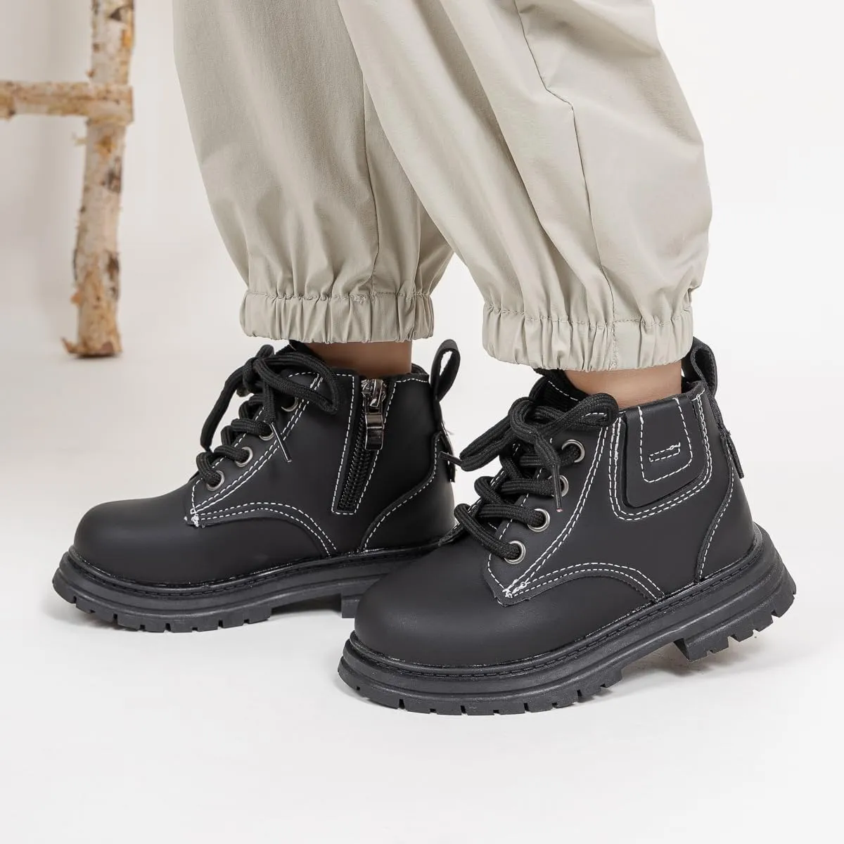 Boys Girls High Top Combat Ankle Boots Kids Waterproof PU Leather Fall Boots Winter Warm Snow Outdoor Hiking Shoes Toddler Non Slip Texture Soft Durable Walking Boot