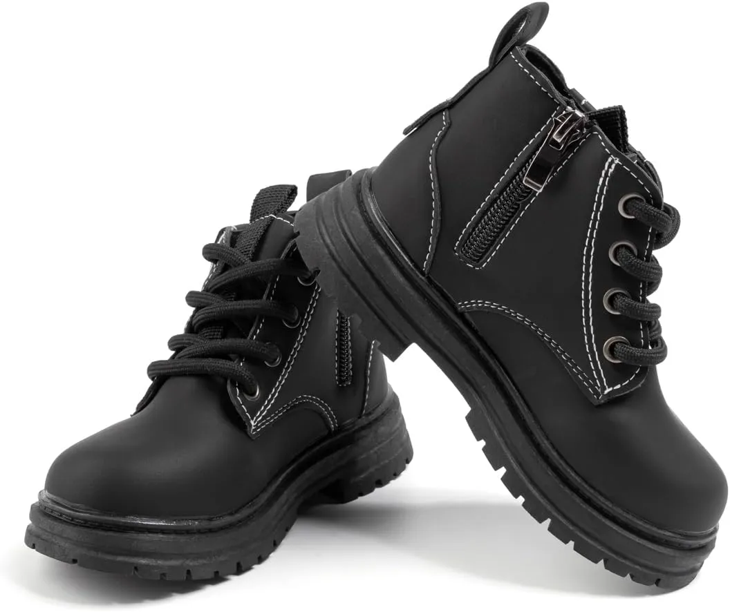 Boys Girls High Top Combat Ankle Boots Kids Waterproof PU Leather Fall Boots Winter Warm Snow Outdoor Hiking Shoes Toddler Non Slip Texture Soft Durable Walking Boot