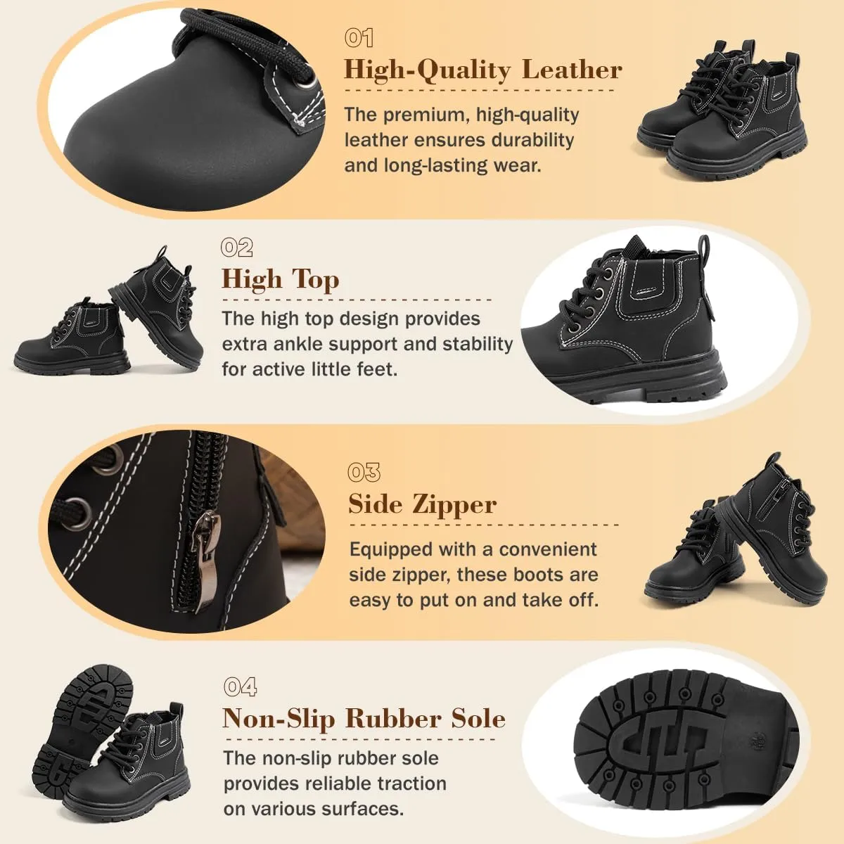 Boys Girls High Top Combat Ankle Boots Kids Waterproof PU Leather Fall Boots Winter Warm Snow Outdoor Hiking Shoes Toddler Non Slip Texture Soft Durable Walking Boot