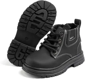 Boys Girls High Top Combat Ankle Boots Kids Waterproof PU Leather Fall Boots Winter Warm Snow Outdoor Hiking Shoes Toddler Non Slip Texture Soft Durable Walking Boot