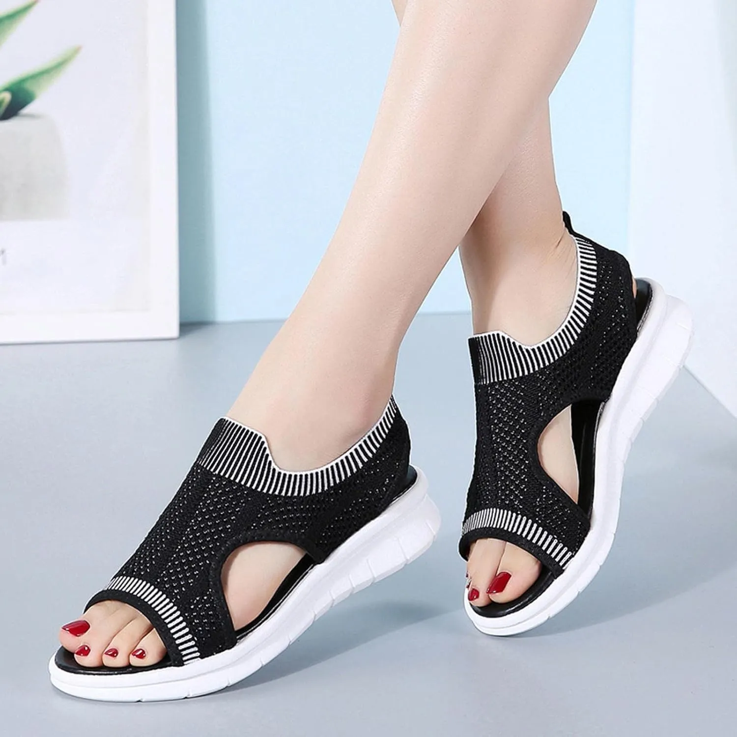 Breathable Knit Walking Flat Sandals for Women Cut Out Open Toe Sandal Summer Lightweight Slingback Dress Walking Flats