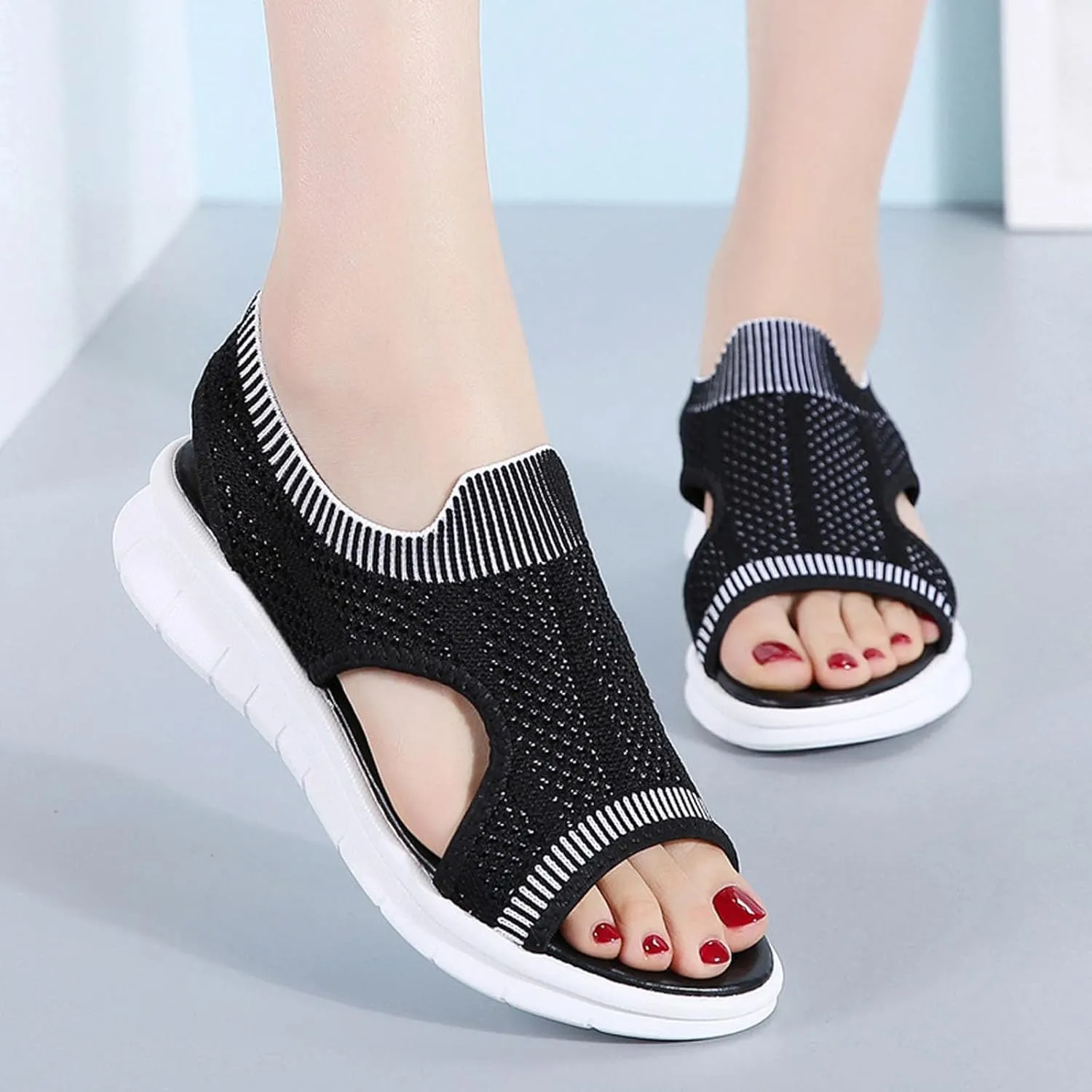 Breathable Knit Walking Flat Sandals for Women Cut Out Open Toe Sandal Summer Lightweight Slingback Dress Walking Flats