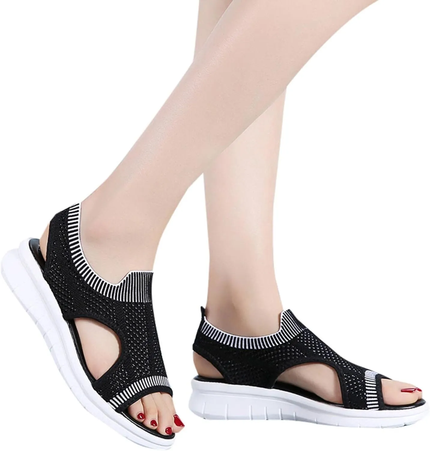 Breathable Knit Walking Flat Sandals for Women Cut Out Open Toe Sandal Summer Lightweight Slingback Dress Walking Flats