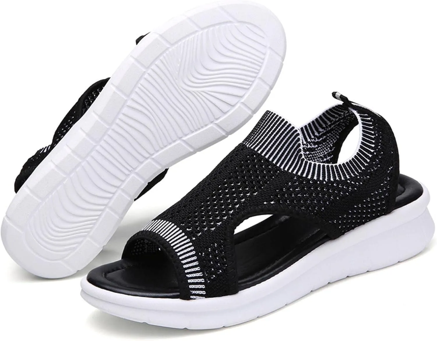 Breathable Knit Walking Flat Sandals for Women Cut Out Open Toe Sandal Summer Lightweight Slingback Dress Walking Flats