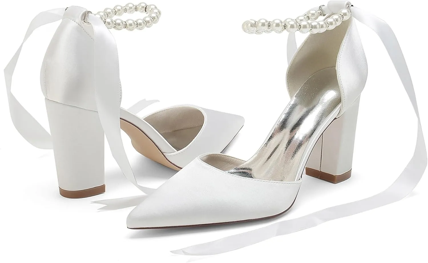 Bridal Chunky Heels Satin Pearls High Block Heel Wedding Shoes for Bride Pointed Toe Ribbons Women Pumps Evening Heeled Sandals 8.5Cm