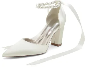 Bridal Chunky Heels Satin Pearls High Block Heel Wedding Shoes for Bride Pointed Toe Ribbons Women Pumps Evening Heeled Sandals 8.5Cm