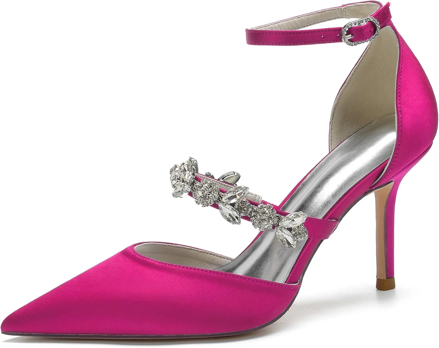 Bride Shoes for Wedding Women's Ankle Strap Silk Pointed-Toe High Heel Shoes Comfortable Mid Heels Pumps Evening Party Shoes 8.5Cm