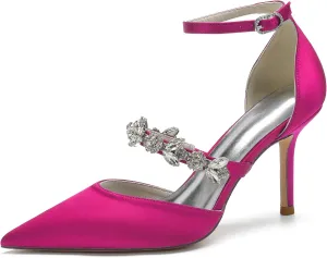 Bride Shoes for Wedding Women's Ankle Strap Silk Pointed-Toe High Heel Shoes Comfortable Mid Heels Pumps Evening Party Shoes 8.5Cm