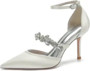 Bride Shoes for Wedding Women's Ankle Strap Silk Pointed-Toe High Heel Shoes Comfortable Mid Heels Pumps Evening Party Shoes 8.5Cm