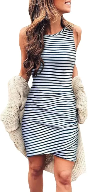 BTFBM Women 2025 Summer Sleeveless Tank Dresses Crew Neck Slim Fit Short Casual Ruched Bodycon Party Club Mini Dress