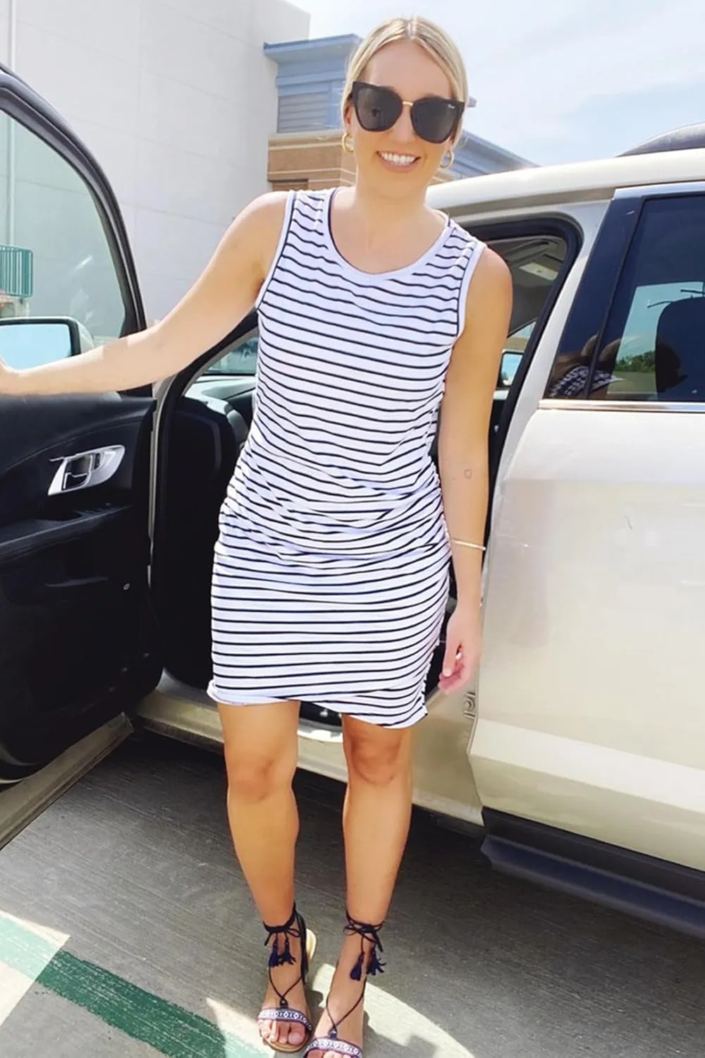 BTFBM Women 2025 Summer Sleeveless Tank Dresses Crew Neck Slim Fit Short Casual Ruched Bodycon Party Club Mini Dress