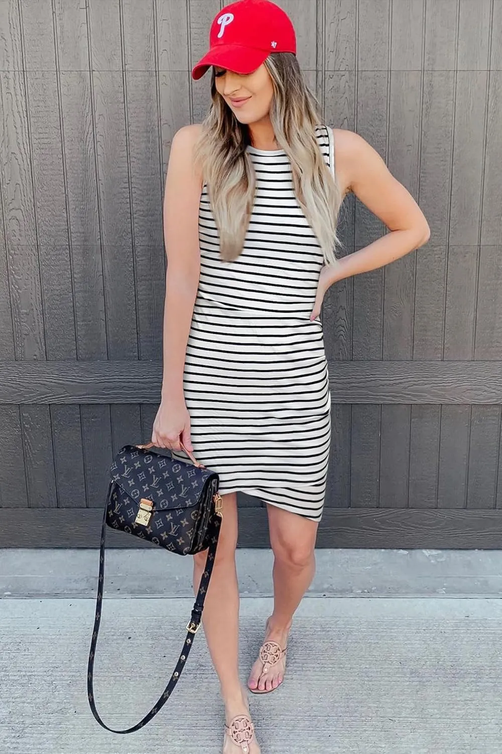 BTFBM Women 2025 Summer Sleeveless Tank Dresses Crew Neck Slim Fit Short Casual Ruched Bodycon Party Club Mini Dress