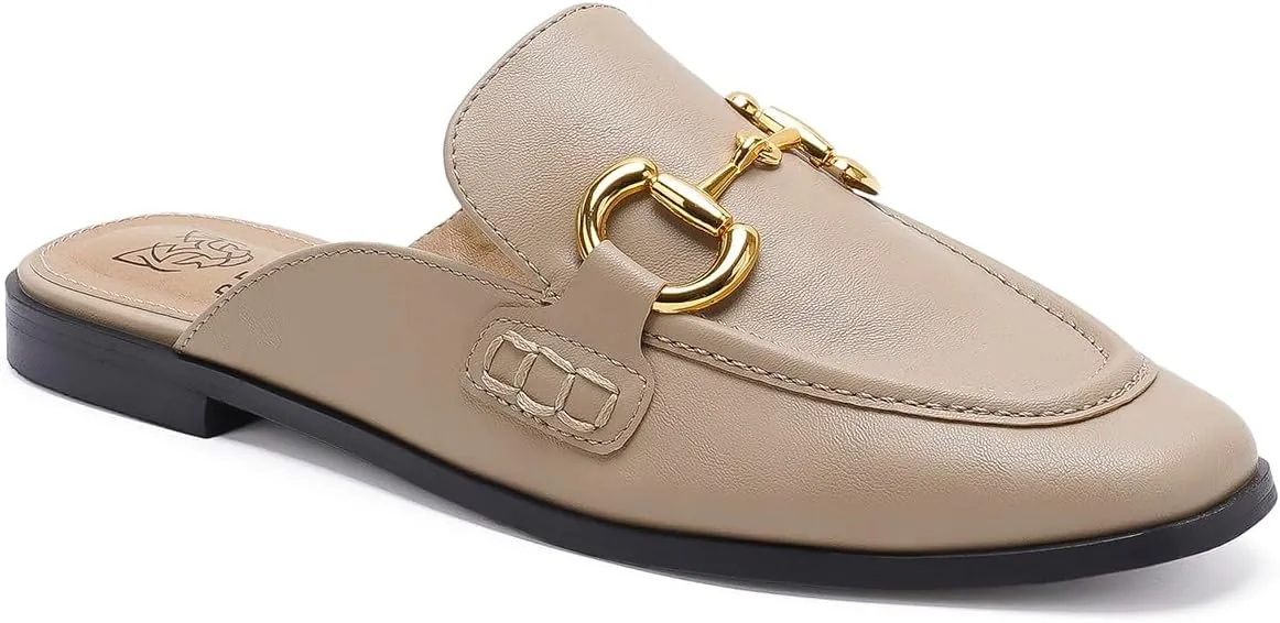 Buckle Mules for Women Flat Mules Slip-on Loafers Round Toe Backless Loafer Shoes Metal Chain Slides